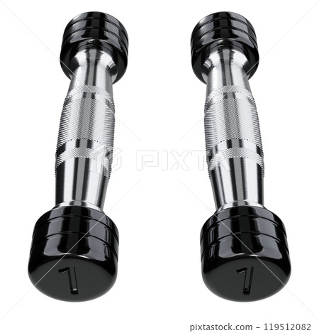 Two blank Round Dumbbells with number 1, black weightlifting gym equipment Two blank Round Dumbbells with number 1, black weightlifting gym equipment 119512082