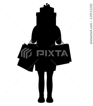 Shopping. Girl stands with packages and gift boxes. Silhouette black drawing. Vector illustration. Holiday shopper character, shopaholic, purchase concept, birthday. 119512202