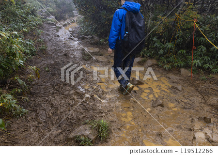 一個男孩在雨中攀爬 119512266