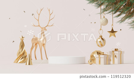 3D render, Merry Christmas celebration background with empty stage product display decorate with ornament ball and tree. 119512320