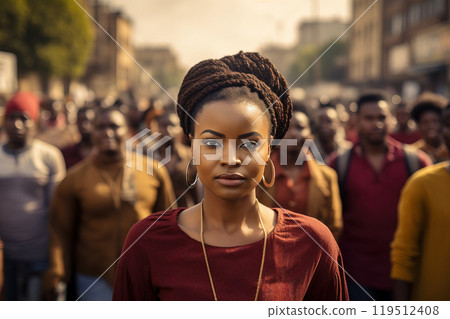 African-American female activist stands strong among black protesters in a city rally 119512408