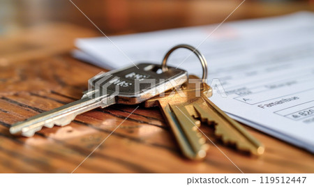 Close-up of keys and financial documents. Homeownership and real estate transactions concept 119512447