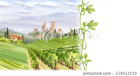 Italian rural landscape with towers and farms, cypress trees, bushes against the sunset sky with the rays of the sun, watercolor template with branches of grapes. Mediterranean Europe scenery Italian rural landscape with towers and farms, cypress trees, bushes against the sunset sky with the rays of the sun, watercolor template with branches of grapes. Mediterranean Europe scenery 119512510