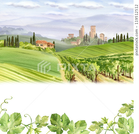 Italian rural landscape with towers and farms, cypress trees, bushes against the sunset sky with the rays of the sun, watercolor template with branches of grapes. Mediterranean Europe scenery Italian rural landscape with towers and farms, cypress trees, bushes against the sunset sky with the rays of the sun, watercolor template with branches of grapes. Mediterranean Europe scenery 119512512