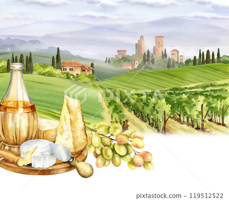 watercolor white wine bottle, parmesan, cheeses and grapes against Italian rural landscape with towers and farms, cypress trees and bushes, hand drawn sketch of Tuscany theme, food drink illustration watercolor white wine bottle, parmesan, cheeses and grapes against Italian rural landscape with towers and farms, cypress trees and bushes, hand drawn sketch of Tuscany theme, food drink illustration 119512522