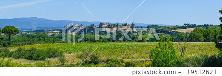 Spectacular Ancient Fortress Of Medieval City Carcassonne And Vineyards In Occitania, Aude, France 119512621