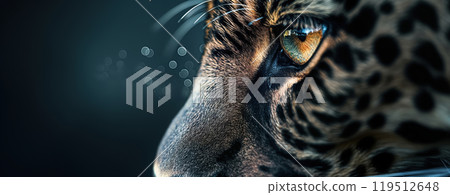 This captivating view showcases the intense gaze of a leopard, revealing its unique patterns and vibrant colors against a soft background. 119512648