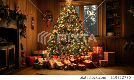 Christmas Tree and Presents in a Cozy Wooden Room 119512780