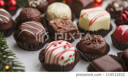 Assorted Chocolate Truffles and Bonbons in Paper Cups 119512832