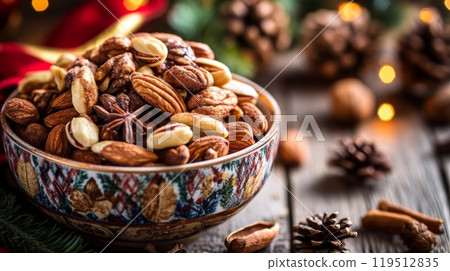 A Bowl of Mixed Nuts with Star Anise and Festive Decorations 119512835