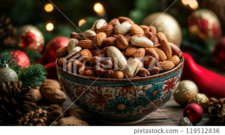Bowl of Mixed Nuts with Christmas Decorations 119512836