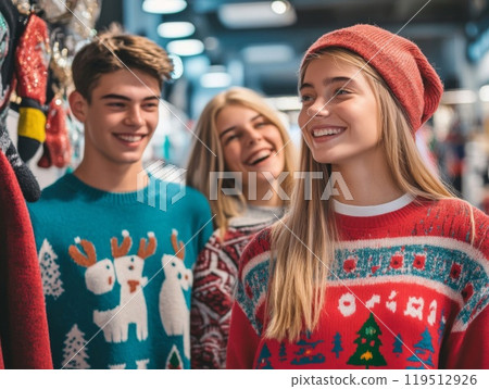 Three Friends Wearing Festive Christmas Sweaters Three Friends Wearing Festive Christmas Sweaters 119512926