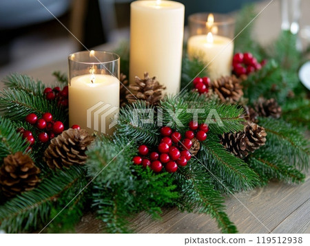 Candles, Pine Cones, and Red Berries in a Festive Arrangement Candles, Pine Cones, and Red Berries in a Festive Arrangement 119512938