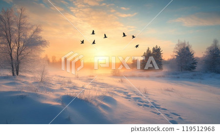 Birds Flying Over a Snowy Forest at Sunset 119512968