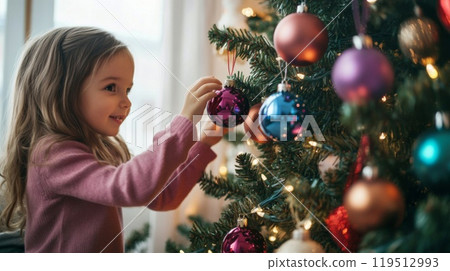 A Young Girl Decorating a Christmas Tree with Ornaments A Young Girl Decorating a Christmas Tree with Ornaments 119512993