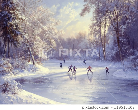Winter Wonderland Ice Skating Scene with People and Snowy Trees 119513102