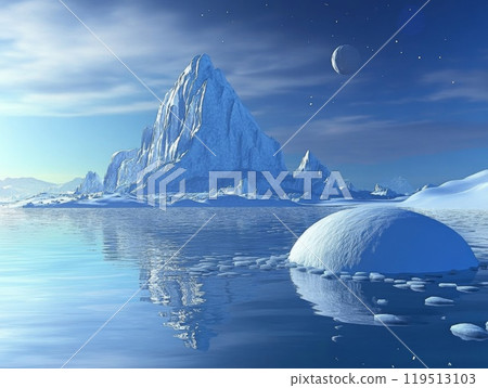Frozen Mountain Range and Moon in a Blue Sky 119513103
