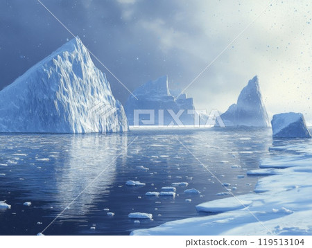 Snowy Landscape with Icebergs and Frozen Sea 119513104