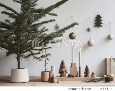 Minimalist Christmas Decor with Pine Tree, Candles, and Wooden Ornaments 119513192