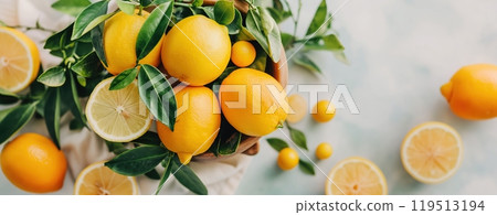 A vibrant display of fresh lemons nestled in a rustic basket, surrounded by leafy greens, creating a cheerful and inviting atmosphere in the kitchen. 119513194