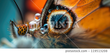 A butterfly with striking orange and blue patterns rests on a surface, glistening with droplets from recent rainfall, showcasing nature\'s beauty. 119513208