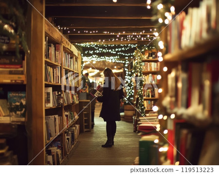 Woman Browsing Bookshelves in a Cozy Bookstore with String Lights 119513223