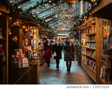 Christmas Market with People Walking Past Bookstalls 119513224