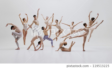 Ballet group in perfect harmony. Ballet ensemble captured in perfect synchronization during performance. 119513225