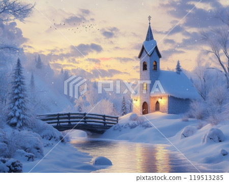 A Snow-Covered Church by a Frozen Stream at Sunset 119513285