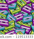 Vector. Seamless pattern with cassettes tape of different colors: purple, blue and yellow. Retro, vintage texture for textiles, wallpaper. A bright trend. 119513333