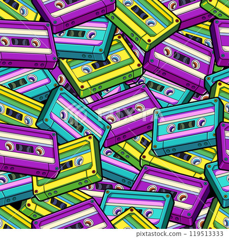 Vector. Seamless pattern with cassettes tape of different colors: purple, blue and yellow. Retro, vintage texture for textiles, wallpaper. A bright trend. Vector. Seamless pattern with cassettes tape of different colors: purple, blue and yellow. Retro, vintage texture for textiles, wallpaper. A bright trend. 119513333
