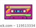 Vector Colorful audiotape. Retro nostalgia from the nineties. Purple, pink, yellow cassette 119513334