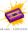 Vector. A bright retro purple 90s style cassette tape with a juicy yellow paint splash in the background. White background. 119513335