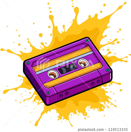 Vector. A bright retro purple 90s style cassette tape with a juicy yellow paint splash in the background. White background. 119513335