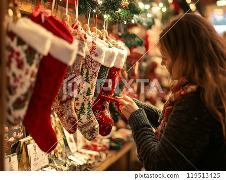 Woman Selecting a Christmas Stocking From a Display of Festive Socks 119513425