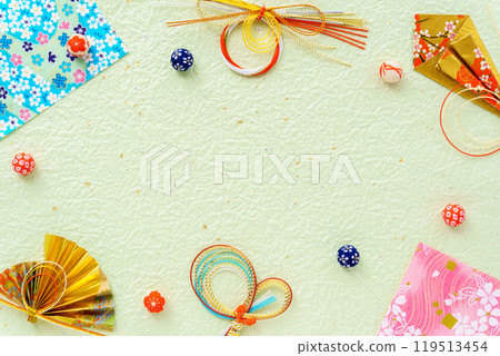 Japanese style background of crepe balls and New Year decorations Japanese style background of crepe balls and New Year decorations 119513454