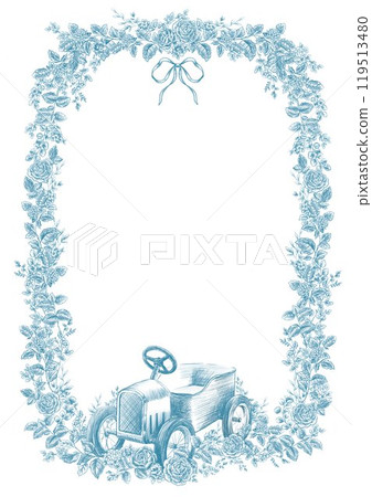 Beautiful floral frame with retro baby car clipart in toile de jouy line art style. Hand drawn flower composition illustration. Vintage retro floral wreath. 119513480