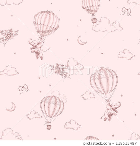 Seamless pattern with cute baby elephant flying in a hot air balloon in toile de jouy retro style. Vintage line art background. 119513487