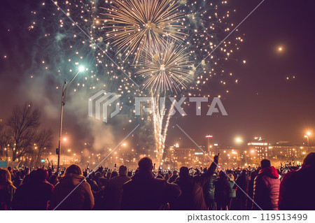 Joyful Celebration with Fireworks and Crowd at Night 119513499