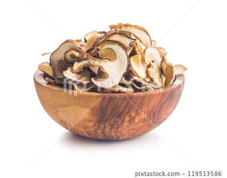 Dried porcini mushrooms. Sliced boletus in bowl isolated on white background. 119513586