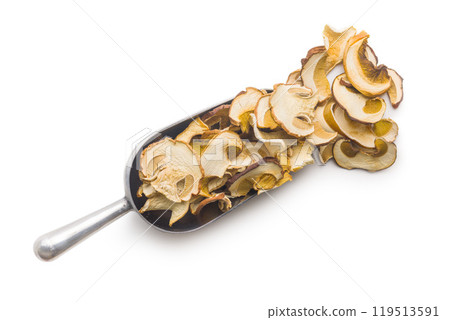 Dried porcini mushrooms. Sliced boletus in scoop isolated on white background. Dried porcini mushrooms. Sliced boletus in scoop isolated on white background. 119513591