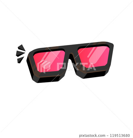 Black sunglasses with pink lens isolated on white background. Cartoon funny kids pink summer sunglasses icon, label and sign. Cool hipster Sunglasses vector graphic illustration Black sunglasses with pink lens isolated on white background. Cartoon funny kids pink summer sunglasses icon, label and sign. Cool hipster Sunglasses vector graphic illustration 119513680
