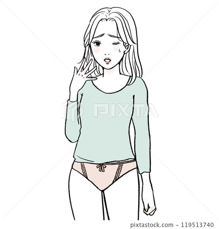 穿著內衣的女性對自己的身體感到不舒服或奇怪 119513740