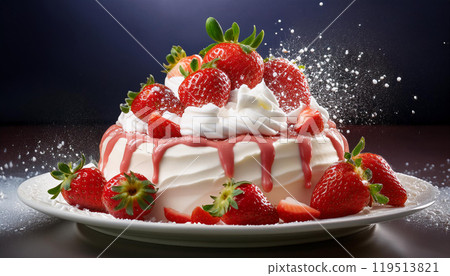 Strawberry cake and whipped cream with ingredients splash 119513821