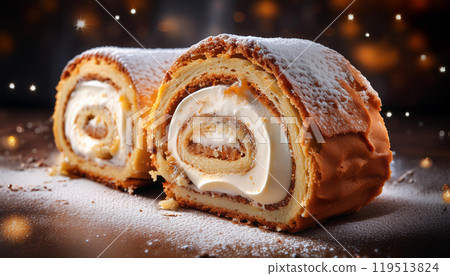 Very tasty pie-roulade cut in half, with runny cream blurred background 119513824