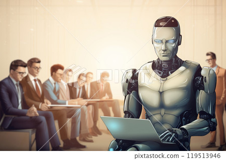 AI-driven robot, with a laptop, screens candidates job applicants for a company. Generative AI 119513946