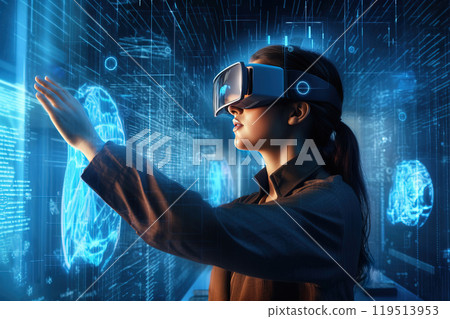 Woman engineer wearing VR goggles immersed in virtual reality interacting with an augmented reality Woman engineer wearing VR goggles immersed in virtual reality interacting with an augmented reality 119513953