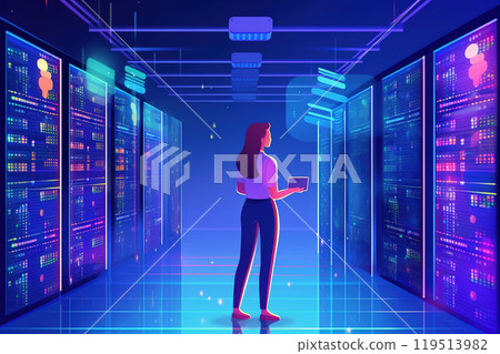 Back view of young woman standing in server room and holding digital tablet. Back view of young woman standing in server room and holding digital tablet. 119513982