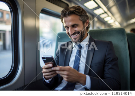 Businessman using his smartphone finance app while traveling in a train. 119514014