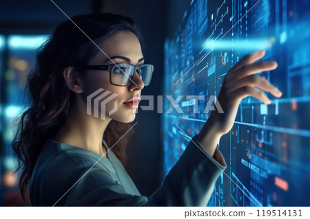 Female data scientist in eyeglasses analyses data on a holographic display using augmented reality 119514131